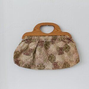 Vintage Wooden Handle Purse or Retro Fabric Knitting Yarn Bag